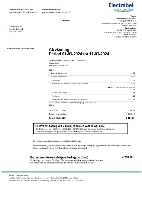 Belgium Electrabel electricity business utility bill template, fully editable in Word and PDF format